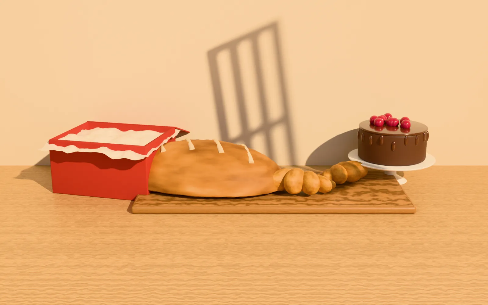 Bread and pastries on a wooden board