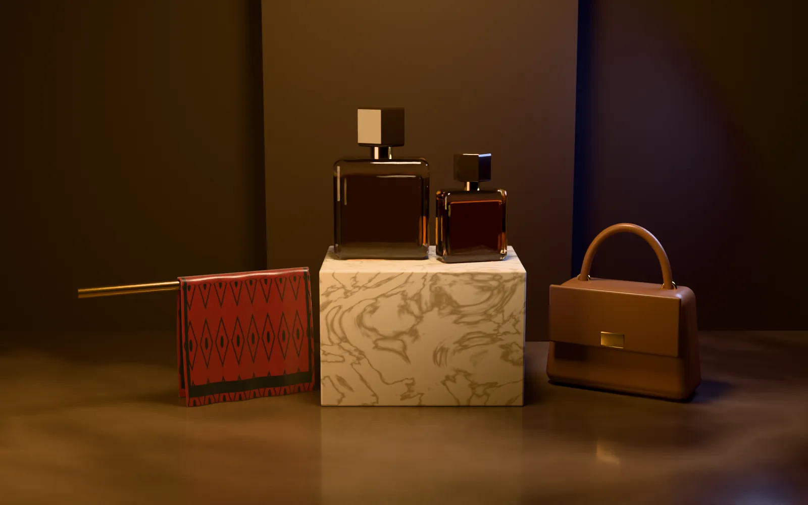 Fragrance and leather on a marble plinth at night